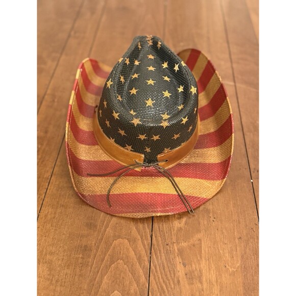 Vintage Tea Stained USA American Flag Shape It Brim Western Cowboy Hat Unisex - Picture 3 of 14
